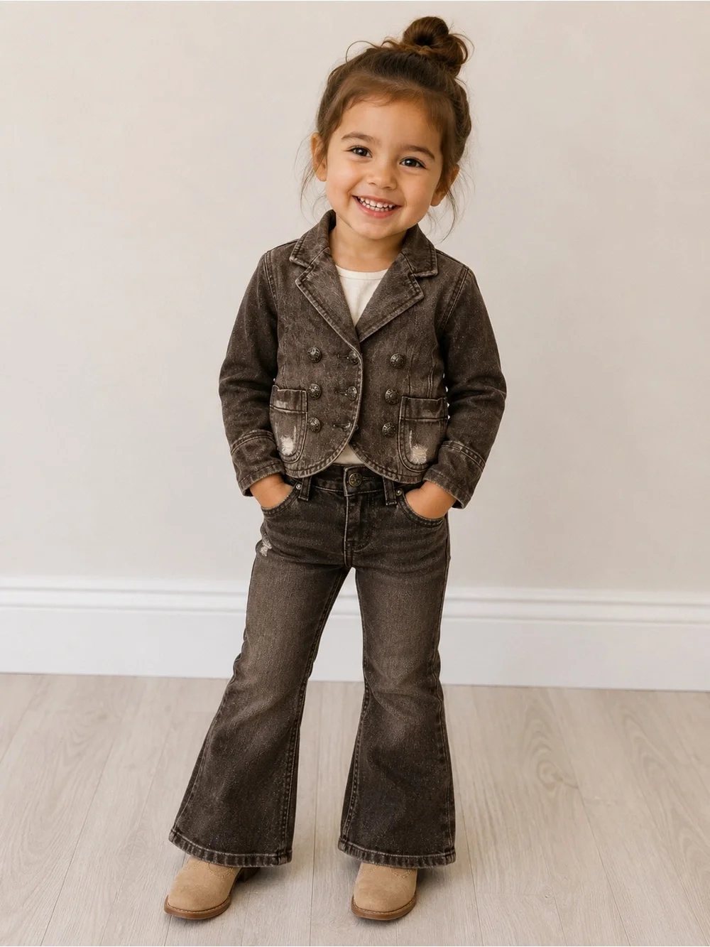 Ralph Lauren Girls 3T Distressed Brown Denim Blazer Jacket + Flare Jeans